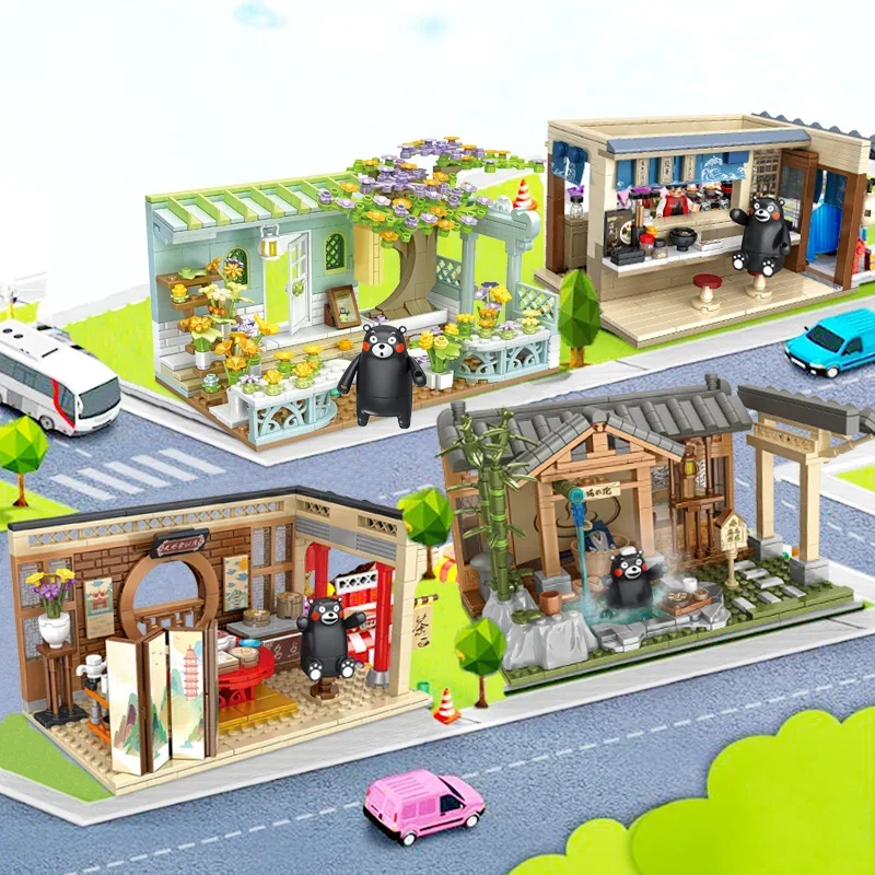 Ideas urbanas oso de peluche cafetería bloques de construcción DIY Ramen restaurante librería supermercado DIY ladrillos juguetes para niña chico regalo