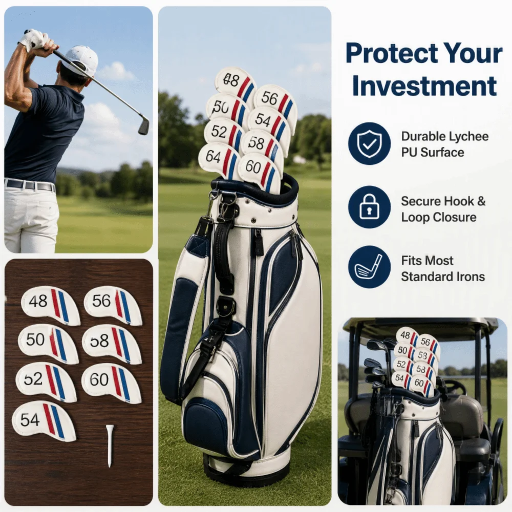 7pcs PU Waterproofing Golf Iron Head Covers Number Print Design Club Head Protection Golf Club Head Covers 48-60 Degrees Fit