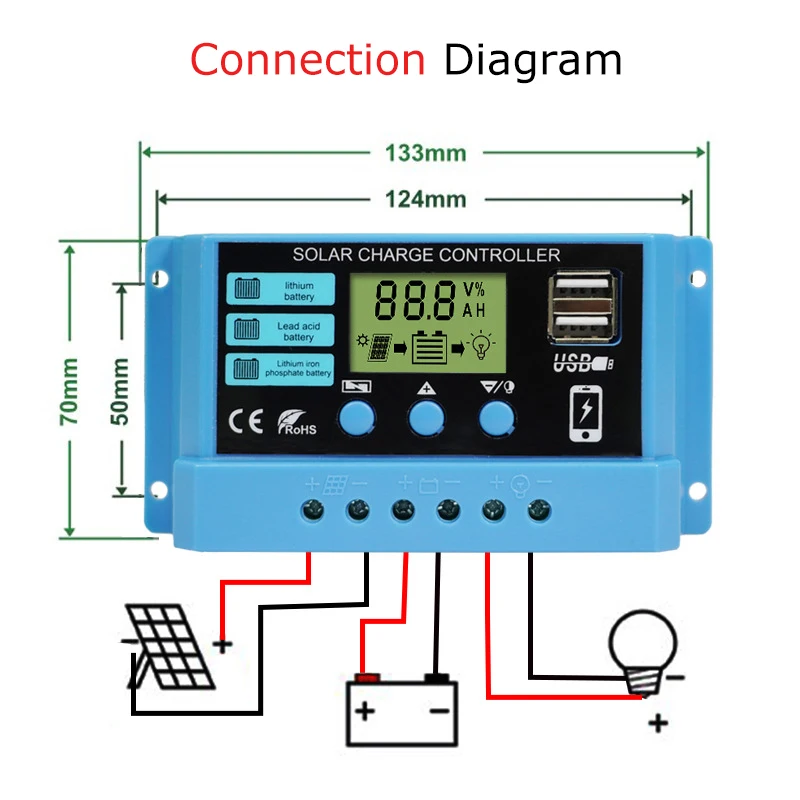 10A 20A 30A Solar Charge Controller 12V 24V PWM Solar Regulator For Lithium Iron Phosphate/Lead Acid/Lithium Battery