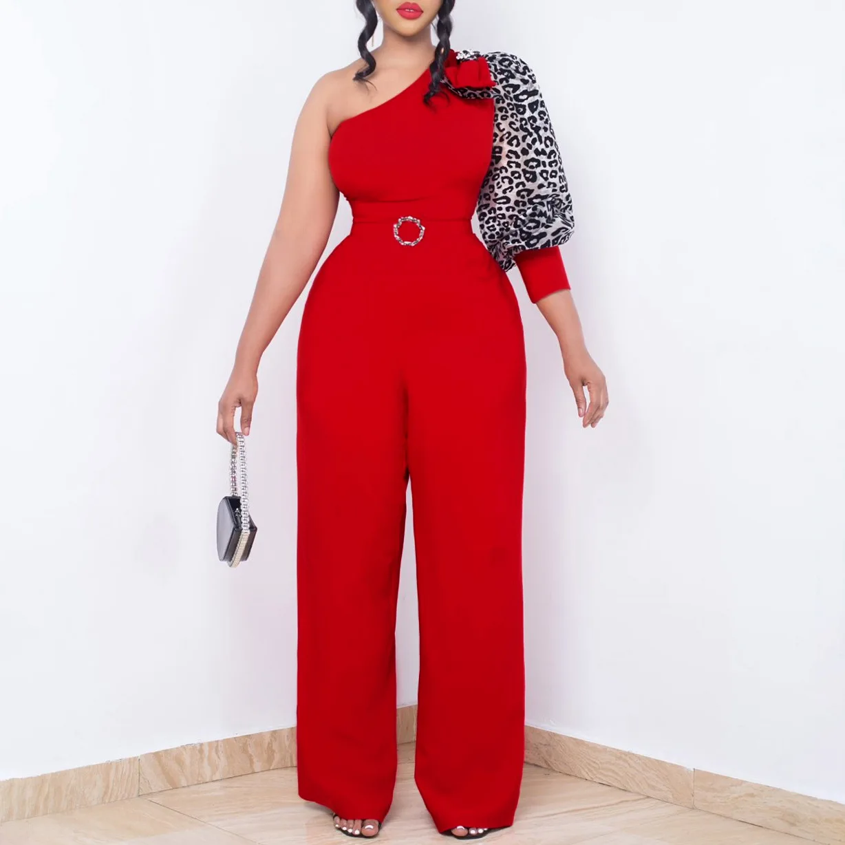 With Belt Women's Clothing Diagonal Shoulder Sexy Waist Temperament Wide Leg Large Size Jumpsuit