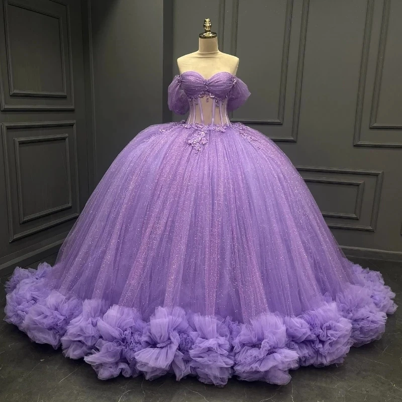 

2024 Lavender Shiny Off the Shoulder Princess Quinceanera Dresses Applique Tull Tiered Gown Sweet 16 Vestidos De 15 Anos