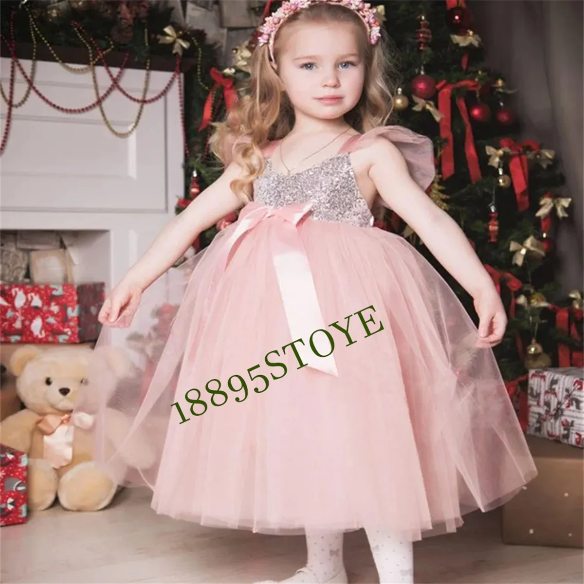 Cute Pink Tulle Sleeveless Flower Girl Dresses Puffy Bow Birthday Party Ball Gown Prince Pageant Holy Communion Dresses Banquet