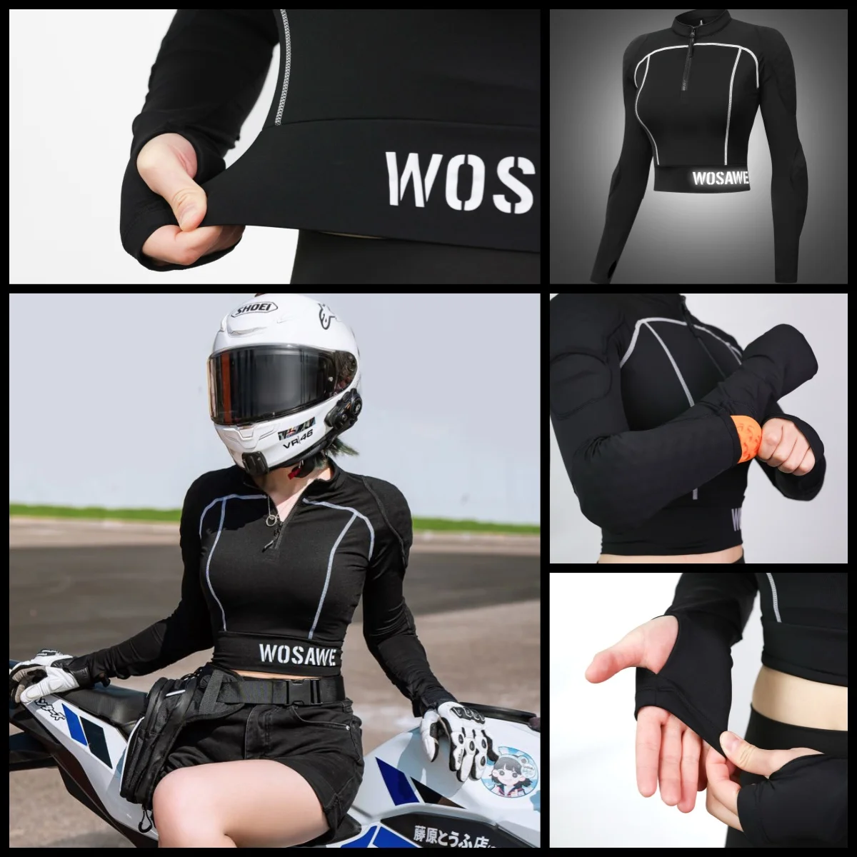 WOSAWE CE Level 2 Jaket Motor Wanita Sepeda Motor Seksi Slim Fit Setengah Ritsleting Kemeja Musim Panas Musim Gugur Pakaian Yoga Kebugaran Lari