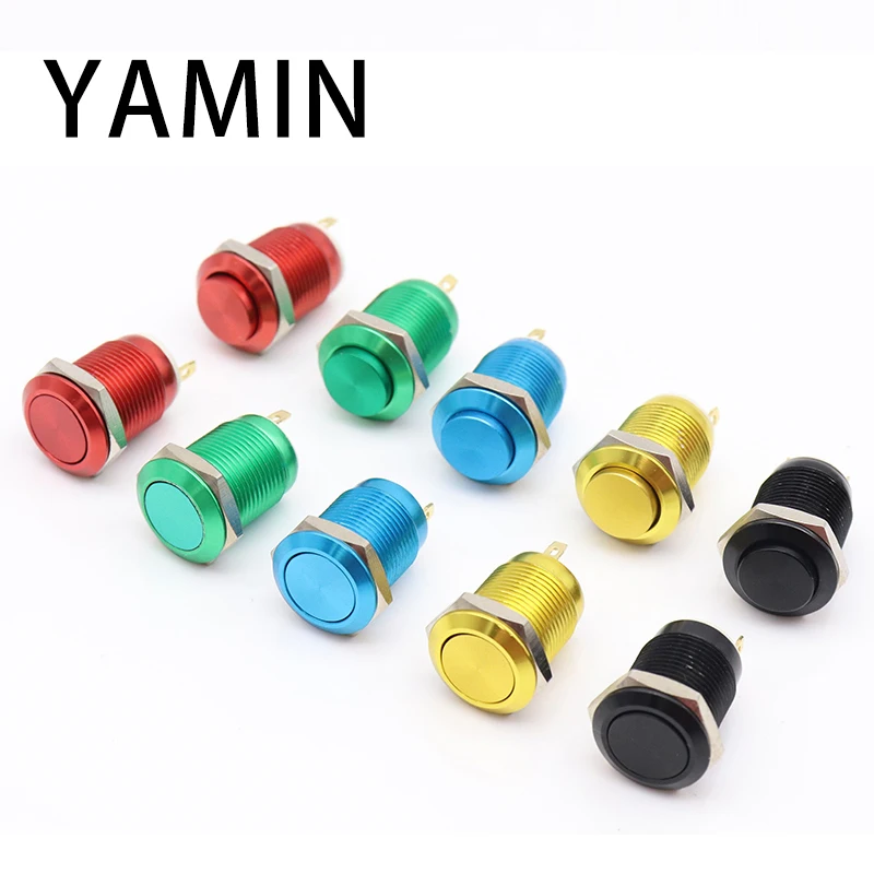 12mm Metal Push Button Switch Momentary Reset Flat/High Head Round 2Pins 1NO Oxidize Black/ Green/ Yellow/ Red/ Blue