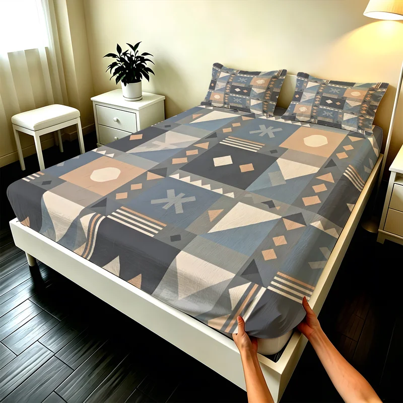 3Pcs Microfiber Fitted Sheet Set,Deep Pocket,Multi-Sizes,Durable,Vibrant Boho Geometric Square Motif,Modern Bedroom Decor Setup