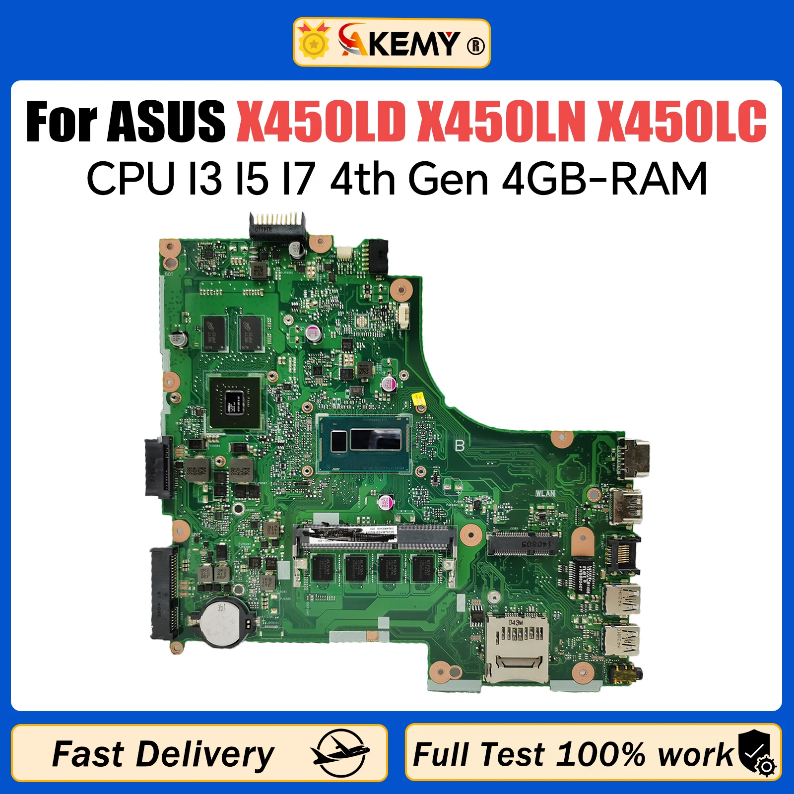 X450LD Mainboard For ASUS X450LC X450LN A450LD P450LD K450LD F450LD X450LA Laptop Motherboard I3 I5 I7 CPU 4G RAM V2G