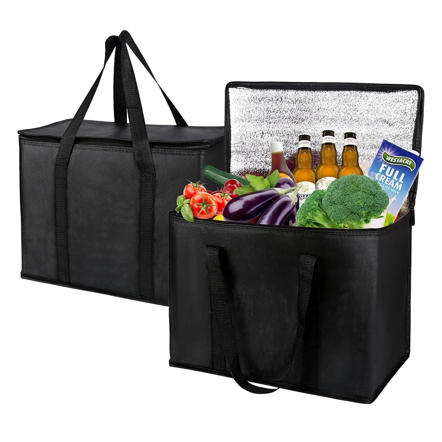 

2-Pack, XL-Large Insulated Grocery shopping bags, Black, reusable bag,thermal zipper,Collapsible,tote,cooler,food transport