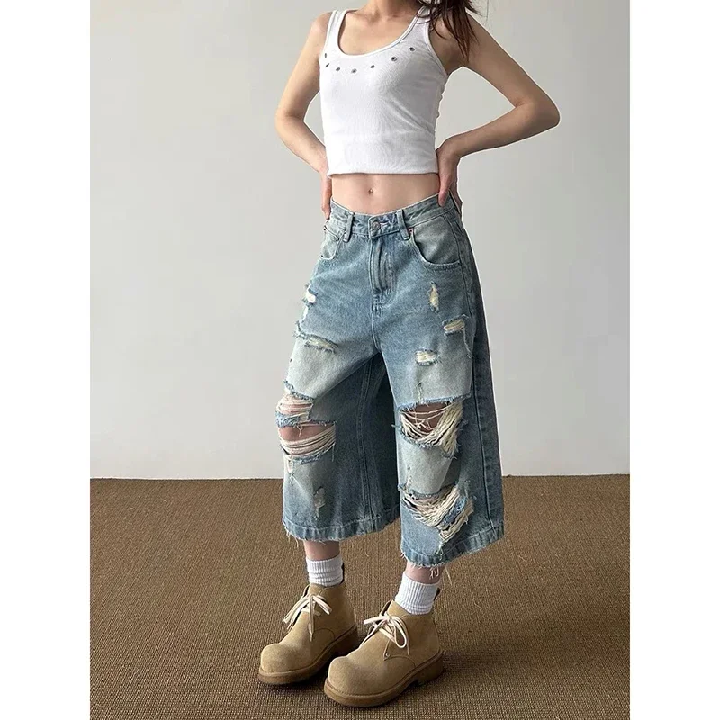 

Streetwear Vintage Blue Ripped Denim Shorts Jeans Women Summer Oversized Distressed Y2k Grunge Baggy Wide Leg Pants