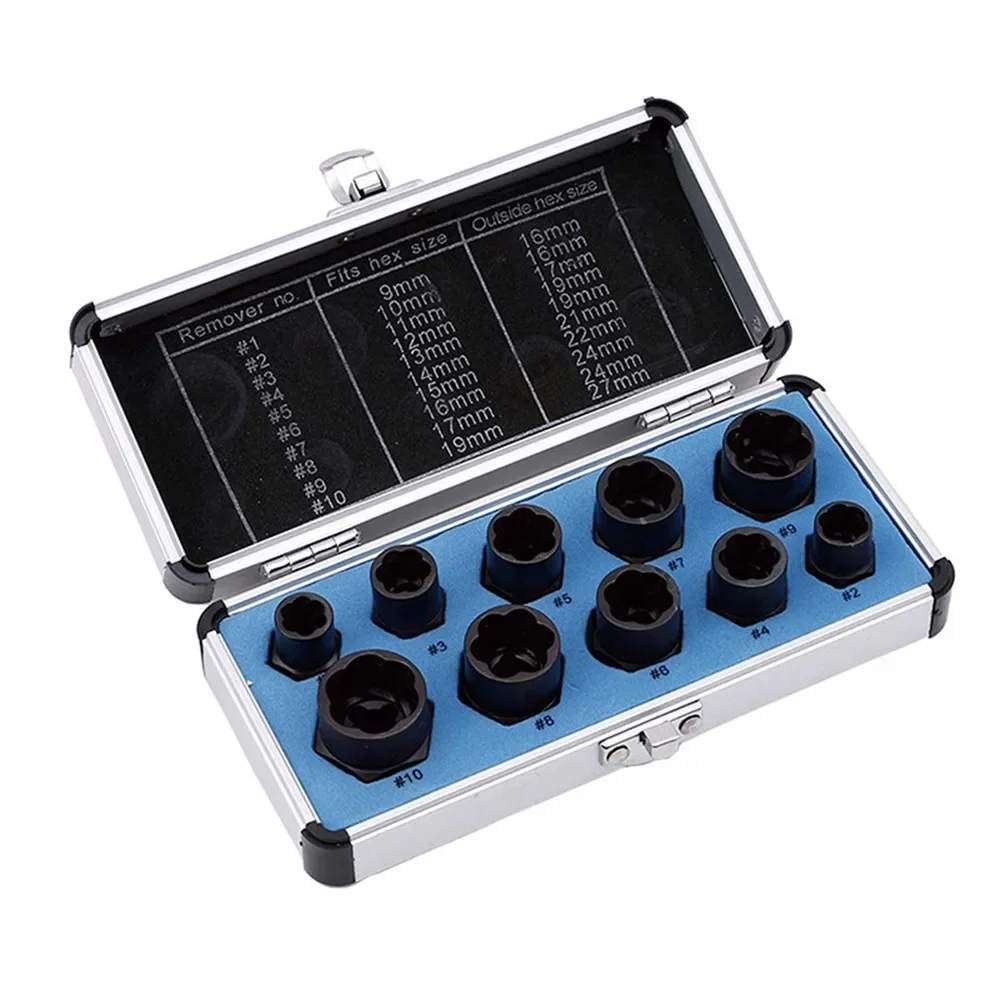 10-Piece Socket Nut & Screw Remover Set 9-19mm Damaged Bolt Extractor, Drill Accessory for Automotive & Toolbox