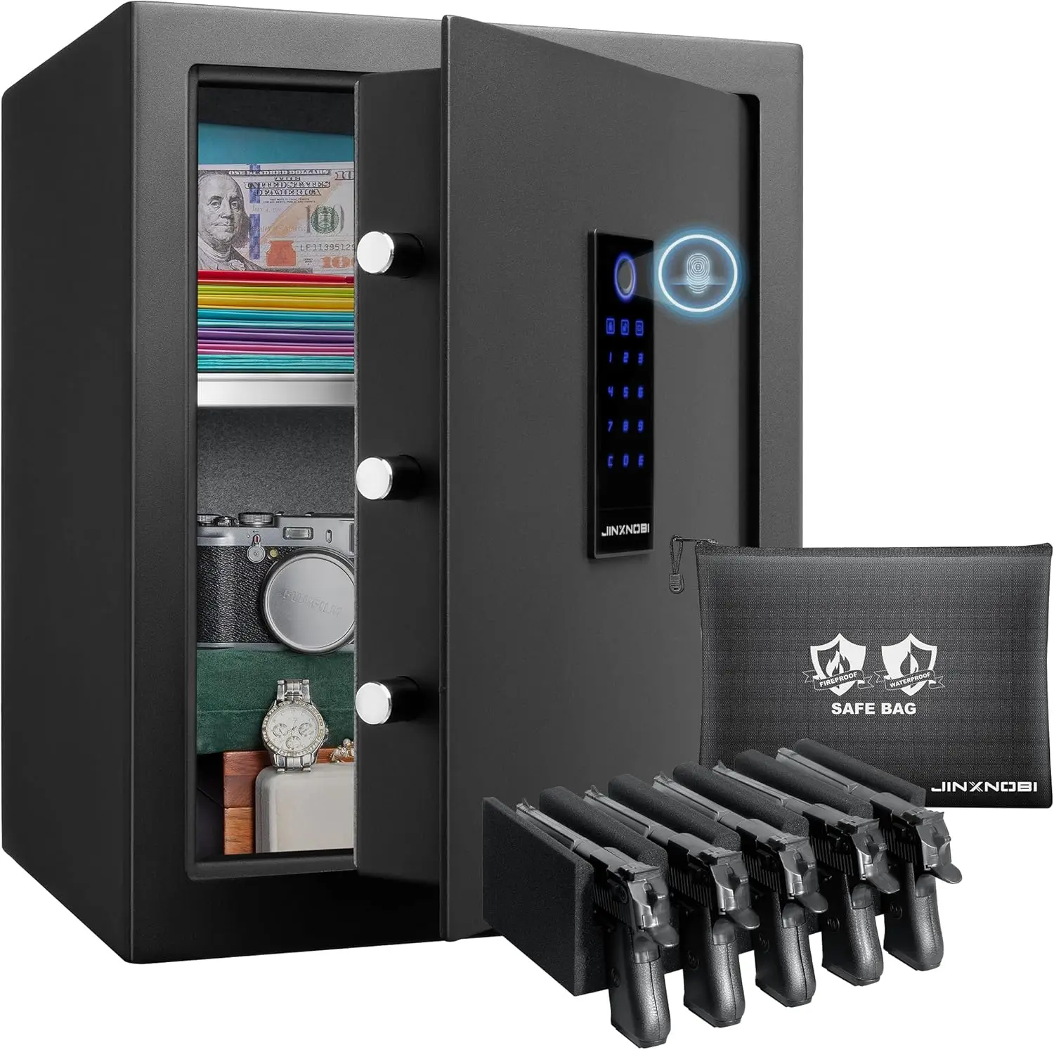 

Биометрический сейф для пистолета, с огнестойким водонепроницаемым сейфом, умным доступом по отпечаткам пальцев для дома, офиса, использования в отеле, 2,19 куб. футов для охрана