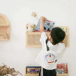 Creative Children's Rattan Bookshelf, Wall Mounted Picture Book Studio, Kindergarten Display, Nordic Style Shelves