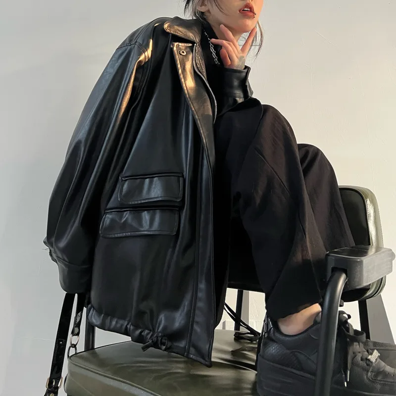 HKSH Lente Herfst Nieuwe vrouwen Jas PU Leer Rits Turn-down Kraag Zakken Streetwear Punk Casual Motorjassen HK14434