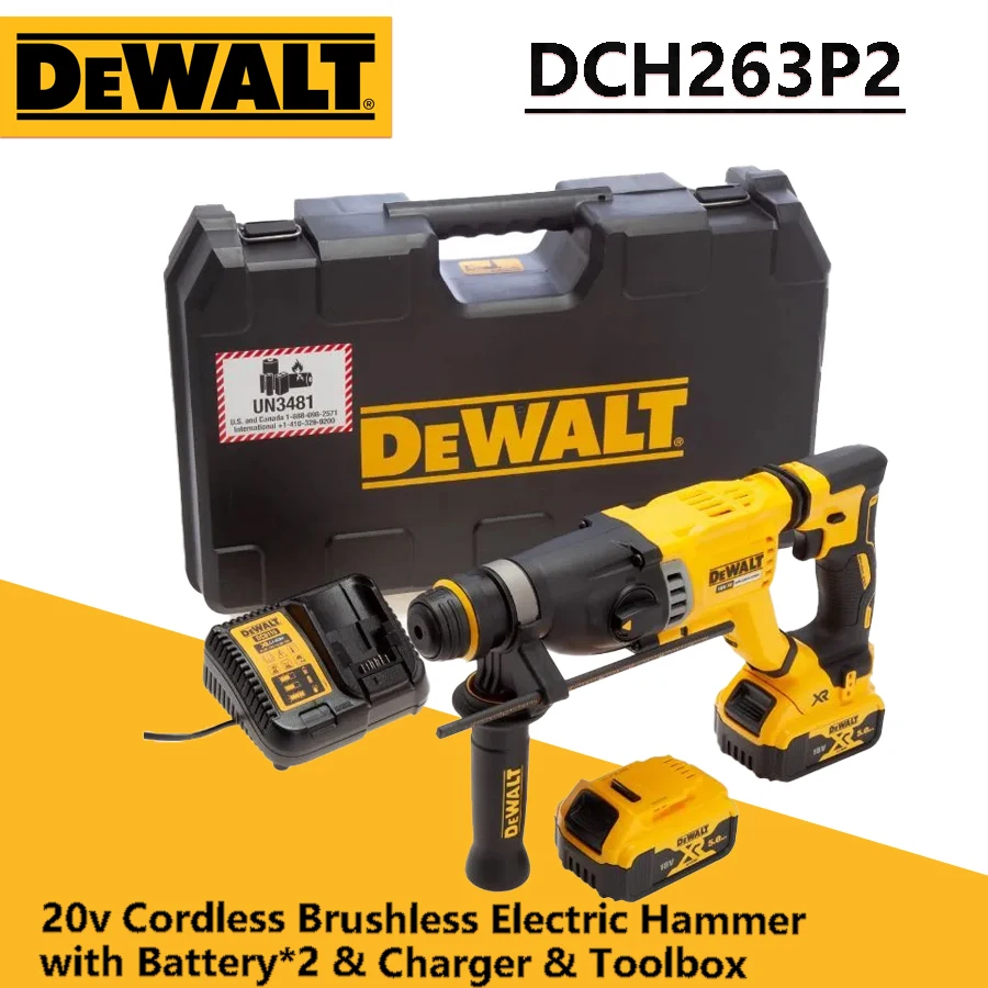 DEWALT DCH263P2 Cordless Brushless Electric Hammer 20v with Battery*2 & Charger & Toolbox Hand-held Rotary Hammer Power Tool Set