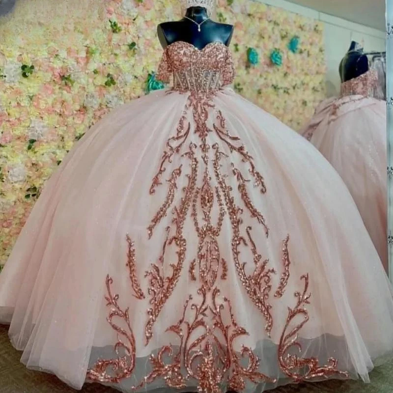 Vestido De baile rosa con lazo y hombros descubiertos, ropa De fiesta con apliques florales De encaje, 15 Años