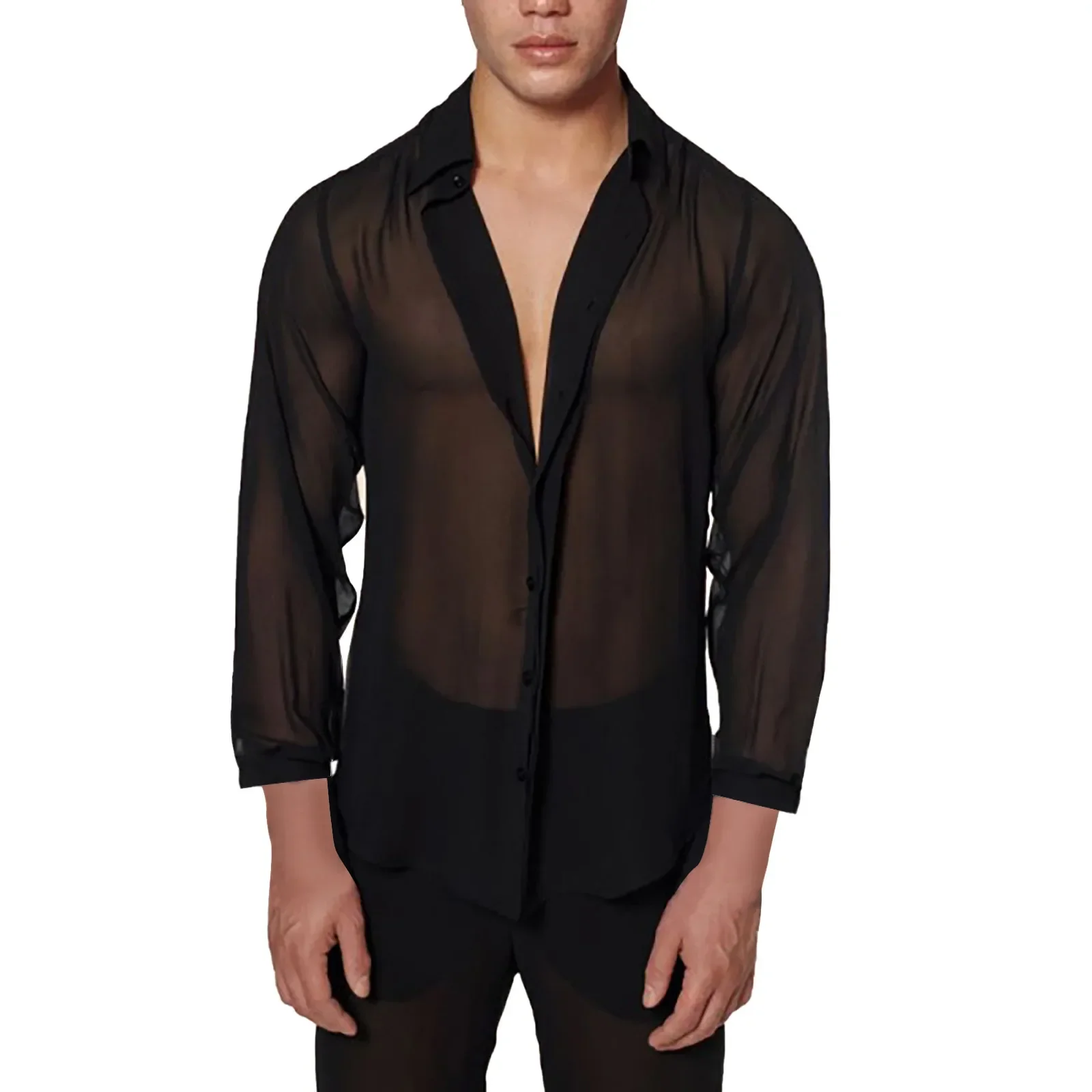 

Mesh Shirt Men Lapel See Through Sexy Stylish Button 2024 Camisa Long Sleeve Transparent Party Nightclub Men Shirt S-4XL