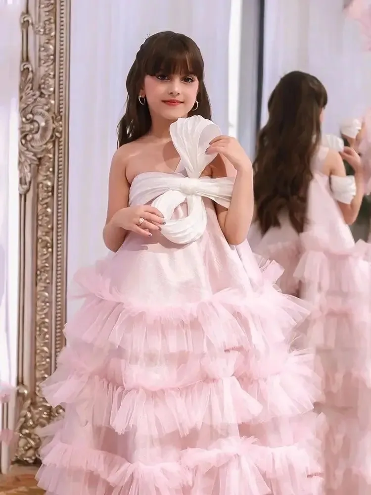 

Elegant Pink Flower Girl Dress Tulle Fluffy with Long Trailer for Kids Wedding Birthday Ruffles Ball Celebrity Bridal Gowns