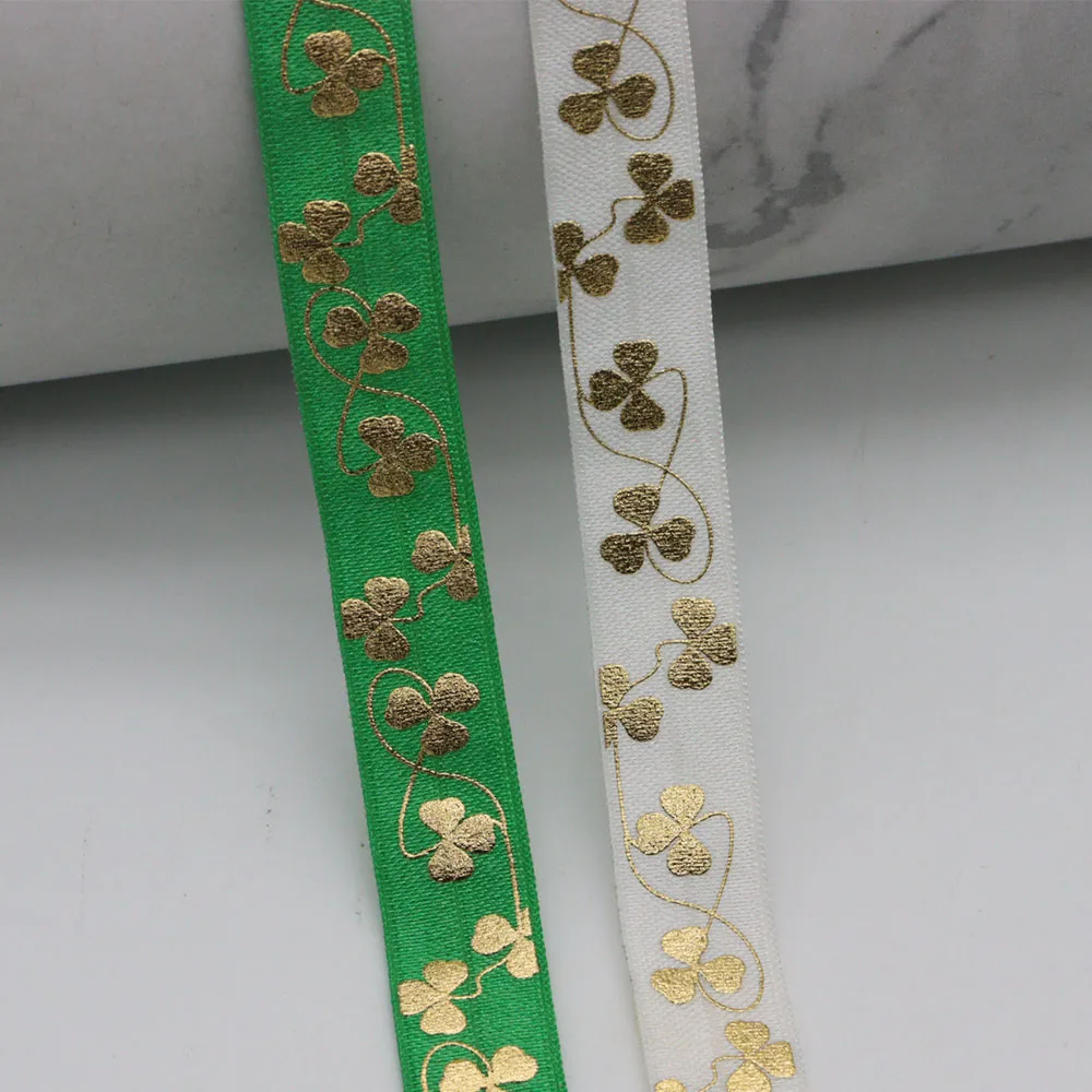 

5/8" 15MM Gold Foil Clover Printed Fold Over Elastic Band FOE Ribbon For Ponytail Holder Bracelet DIY Sewing Accessories