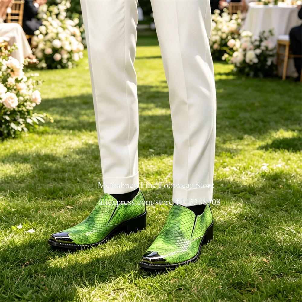 Bright Green Snake Print Metal Cap Toe Loafers for Men Handmade Pointed Toe British Style Slip on Dress Shoes Wedding Business