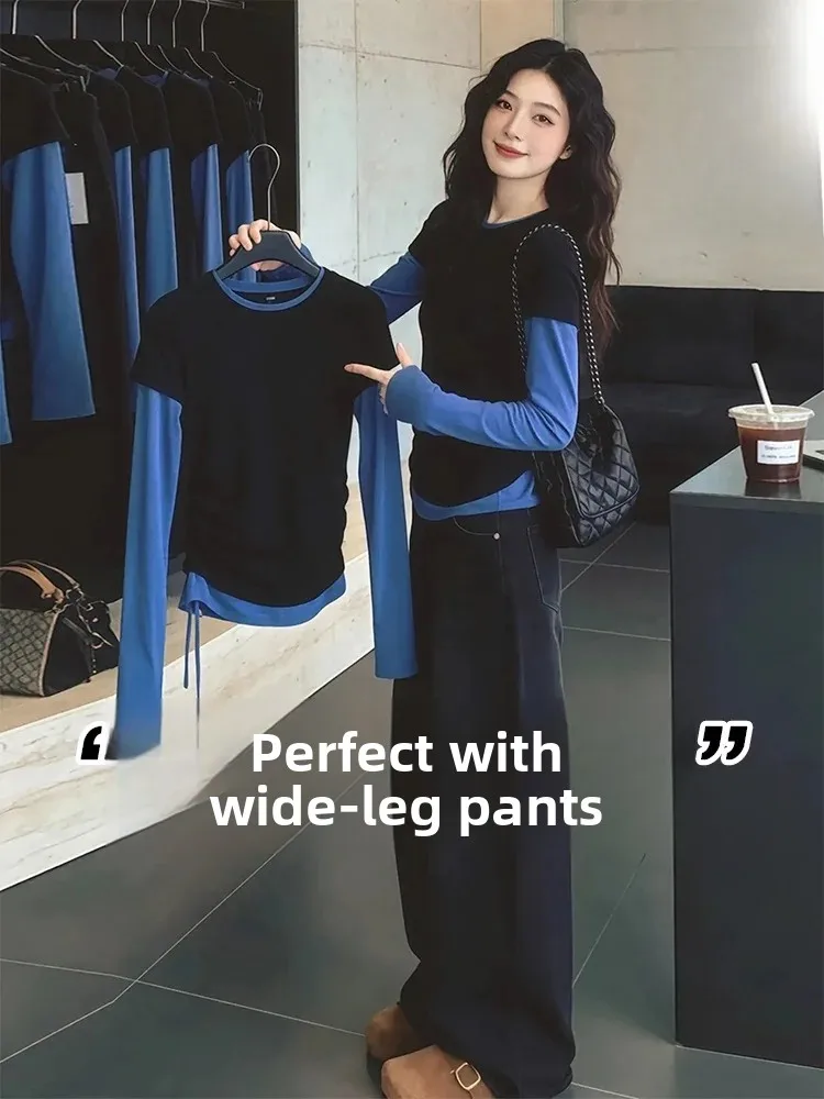 Chic Long Sleeve Color Block Slim Fit T-Shirt Women's Base Shirt Spring Autumn Winter Casual Style  Shape Pear Shape