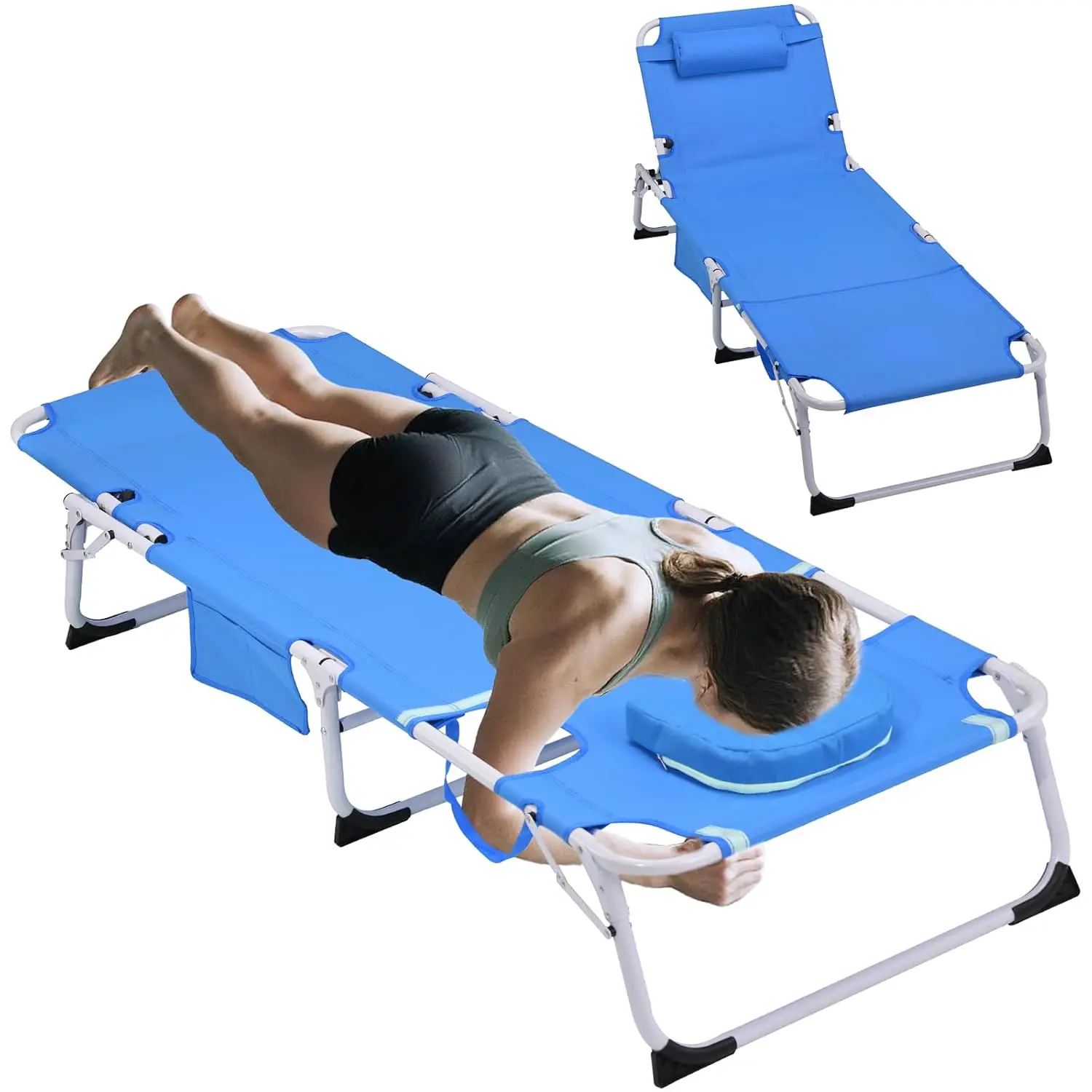 

3-in-1 Oversized Sun Tanning Chair with Mat & Face Hole, Heavy Duty Folding Chaise Lounge - 5-Position Adjustable, Customized