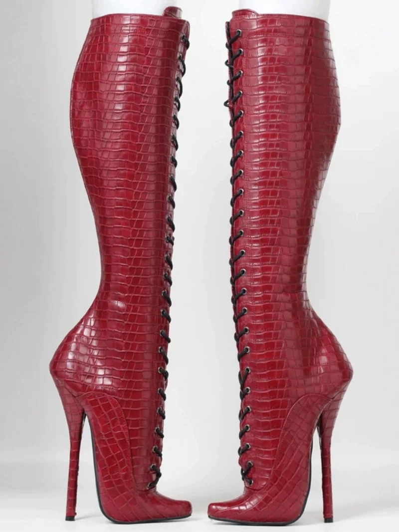 CACA 18cm High Heels Ballet Boots,Stage Show Pole Dance Shoes,Sexy Knee High Botas,Crocodile Pattern Leather,Red,Custom Colors,