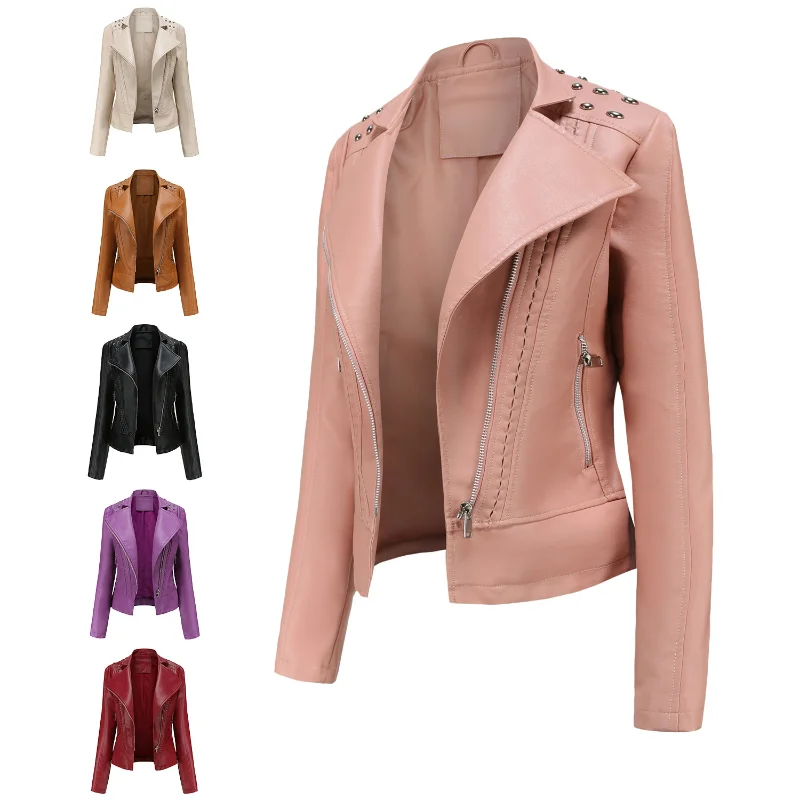 

Women Beaded Leather Cropped Jacket Spring Long-sleeved Fashion PU Coats Lapel Motorcycle Clothes Thin Autumn Burgundy Tops Pink