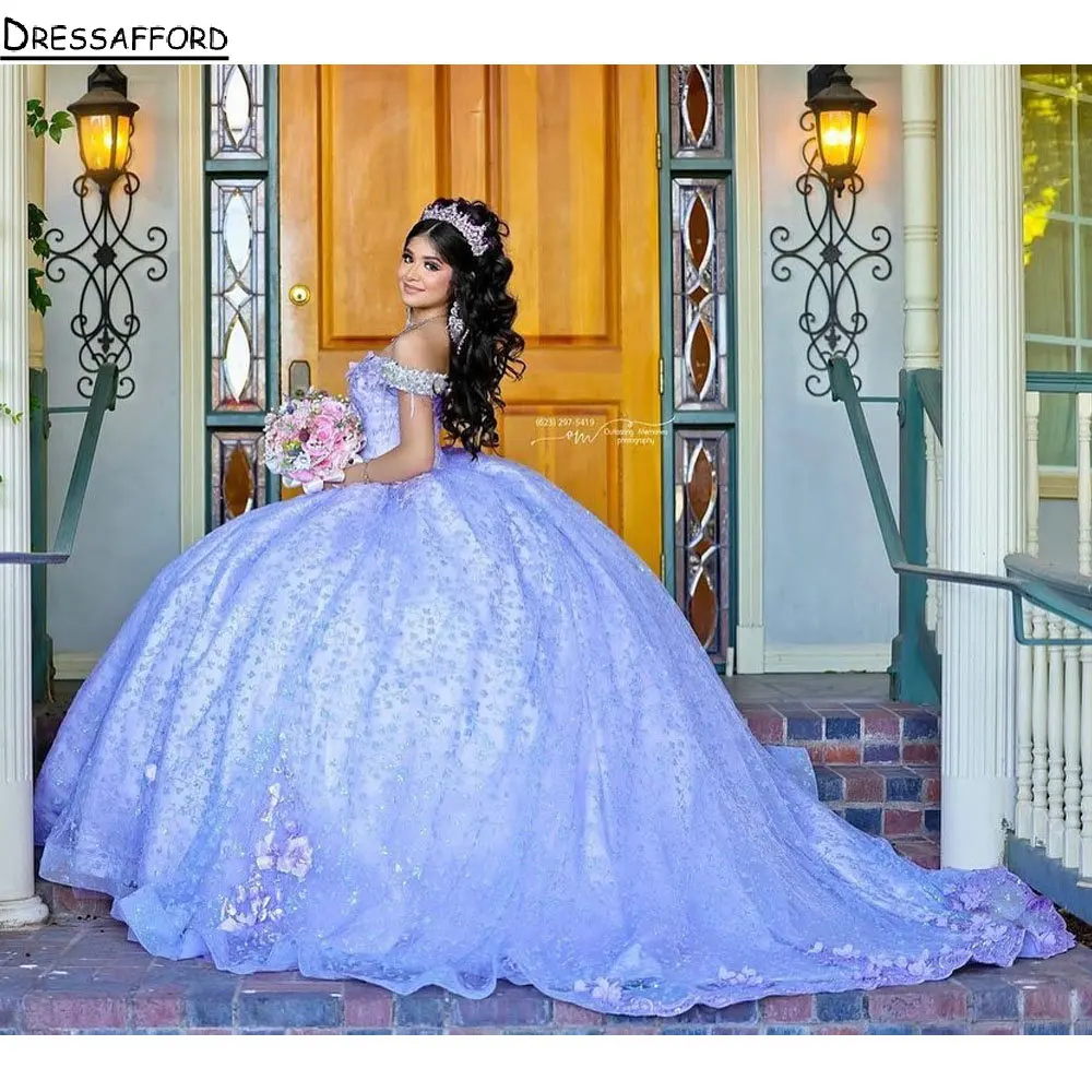 Lilac Glitter คริสตัล Quinceanera Ball Gown ปิดไหล่หวาน15 3D ดอกไม้ Appliques Vestidos De Quinceañera