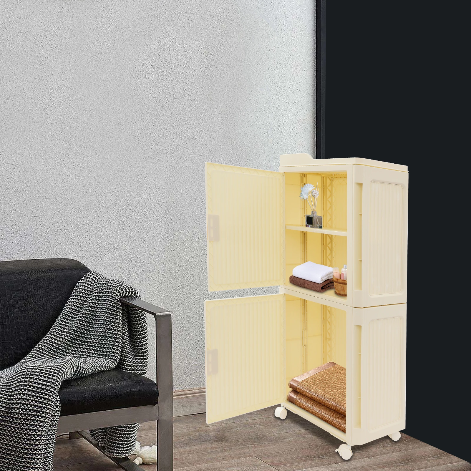 

4-Tier Plastic Tall Narrow Storage Cabinet with Movable Wheels, Adjustable Shelves, Slim Bathroom Organizers and Storage