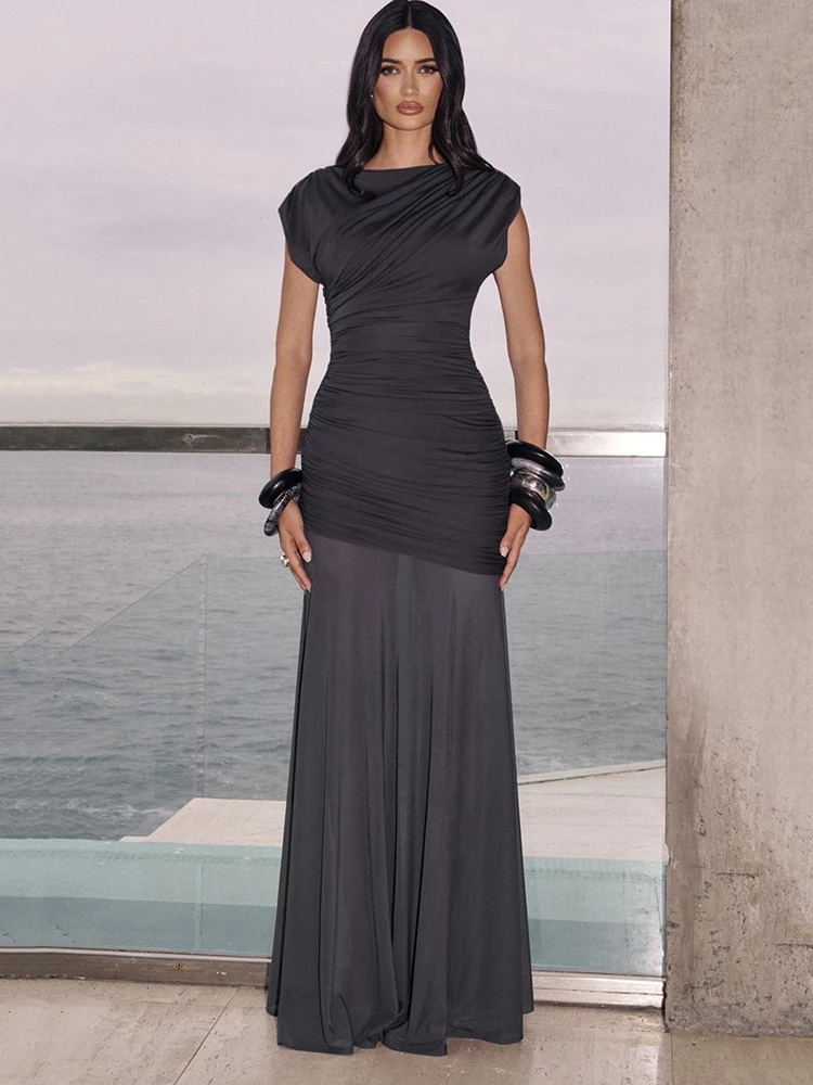 Sibybo Sheer Mesh Patchwork Elegante Vrouwen Maxi Jurk Sexy O Hals Mouwloos Gedrapeerde Ruches Slanke Bodycon Partywear Vrouwelijke Vestido