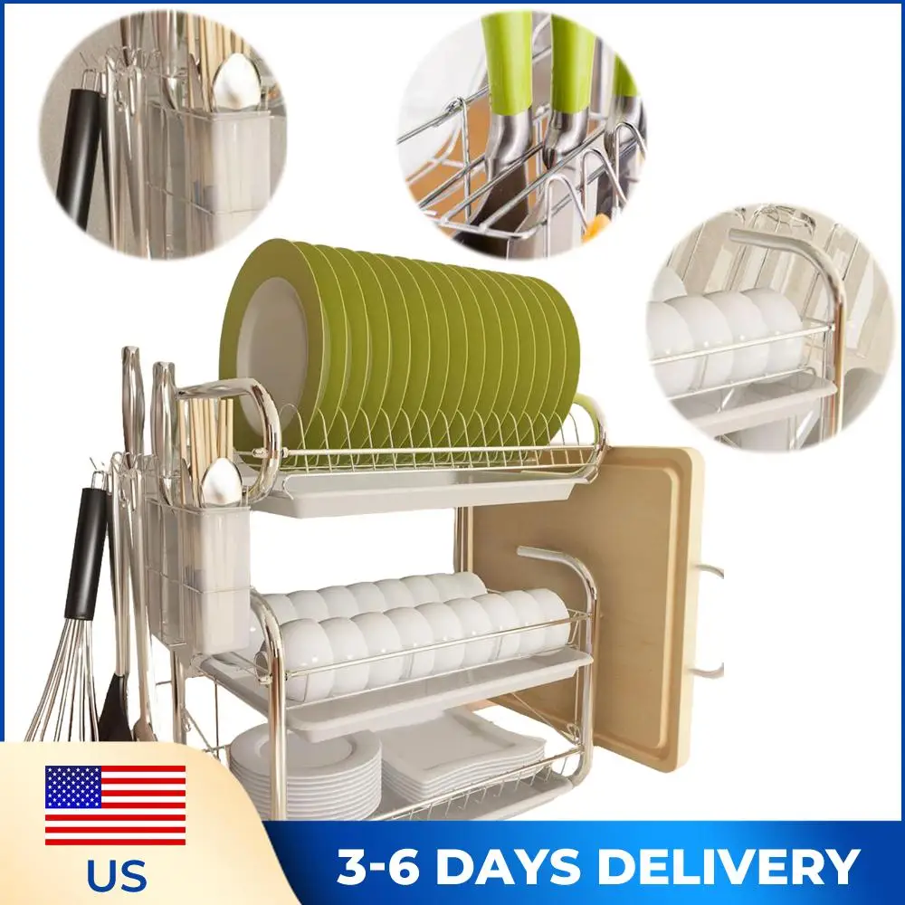 

3 Tiers Dish Drainer Large Kitchen Dish Storage Shelf Multifunctional Countertop Dish Drying Rack Drain Rack for Kitchen