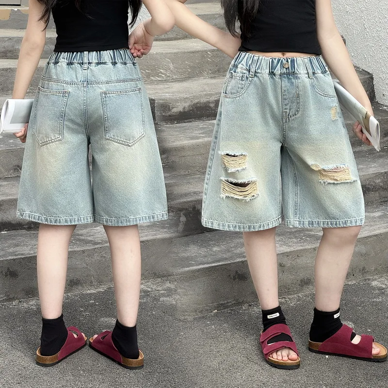 New Children Knee-Length Denim Shorts with Hole for Teenage Girls Fashion Loose Fit Ripped Jeans Capris Kids Summer Shorts