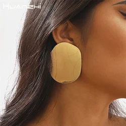 HUANZHI Exaggerated Design Smooth Metal Irregular Large Round Earrings for Women Girls Geometric Fashion Party Jewelry 2024 New