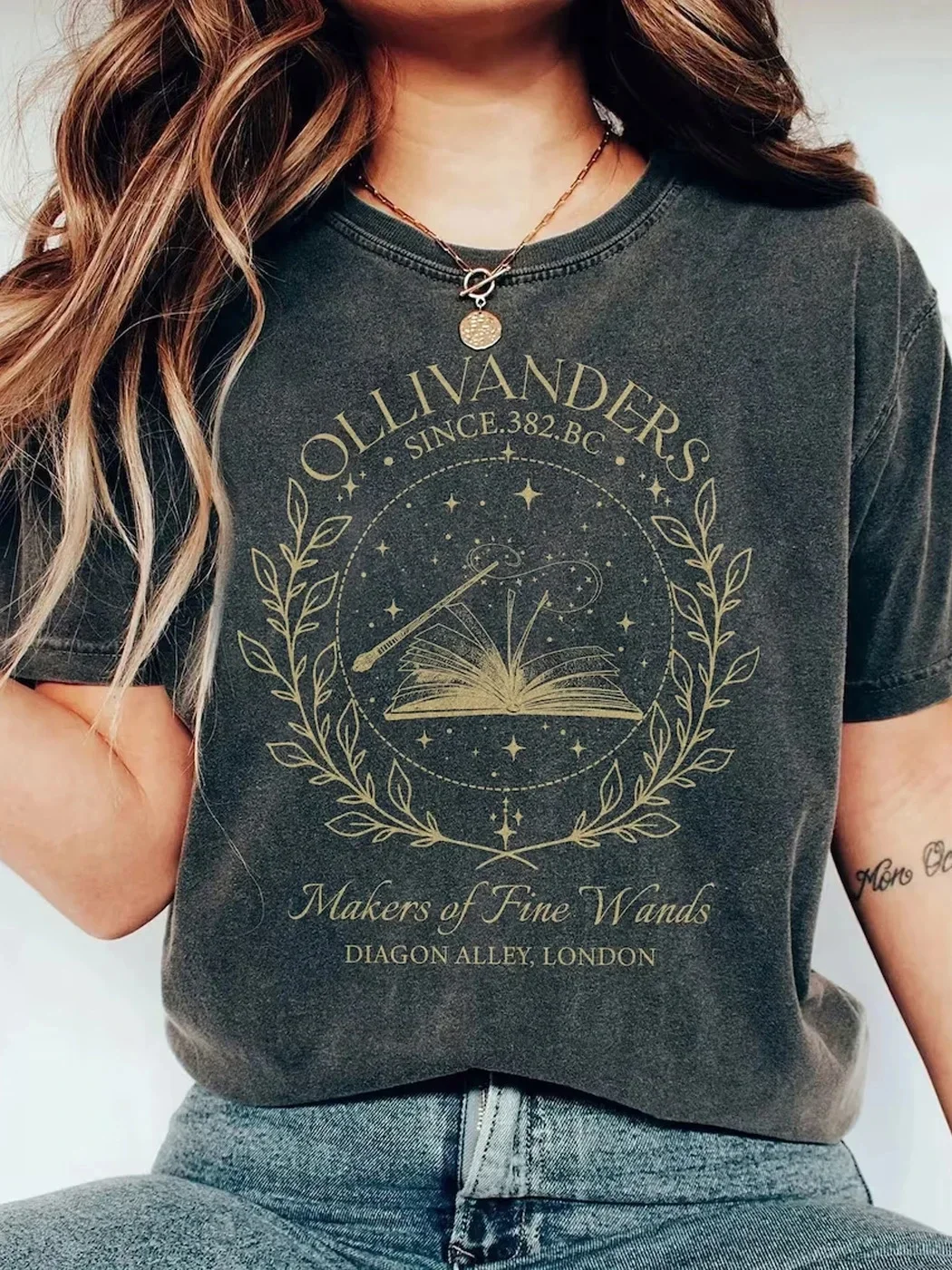 Cotton Washed Distressed Top Ollivanders Wand Shop Tshirt Dark College T Shirt Subtle Bookish Merch Y2K Top Book Lover Gift Tee