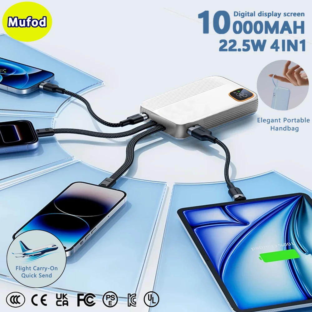 

10000mAh Power Bank Built in Cables LED Digital Display 22.5W Fast Charging Portable External Battery Pack Charger For Travel
