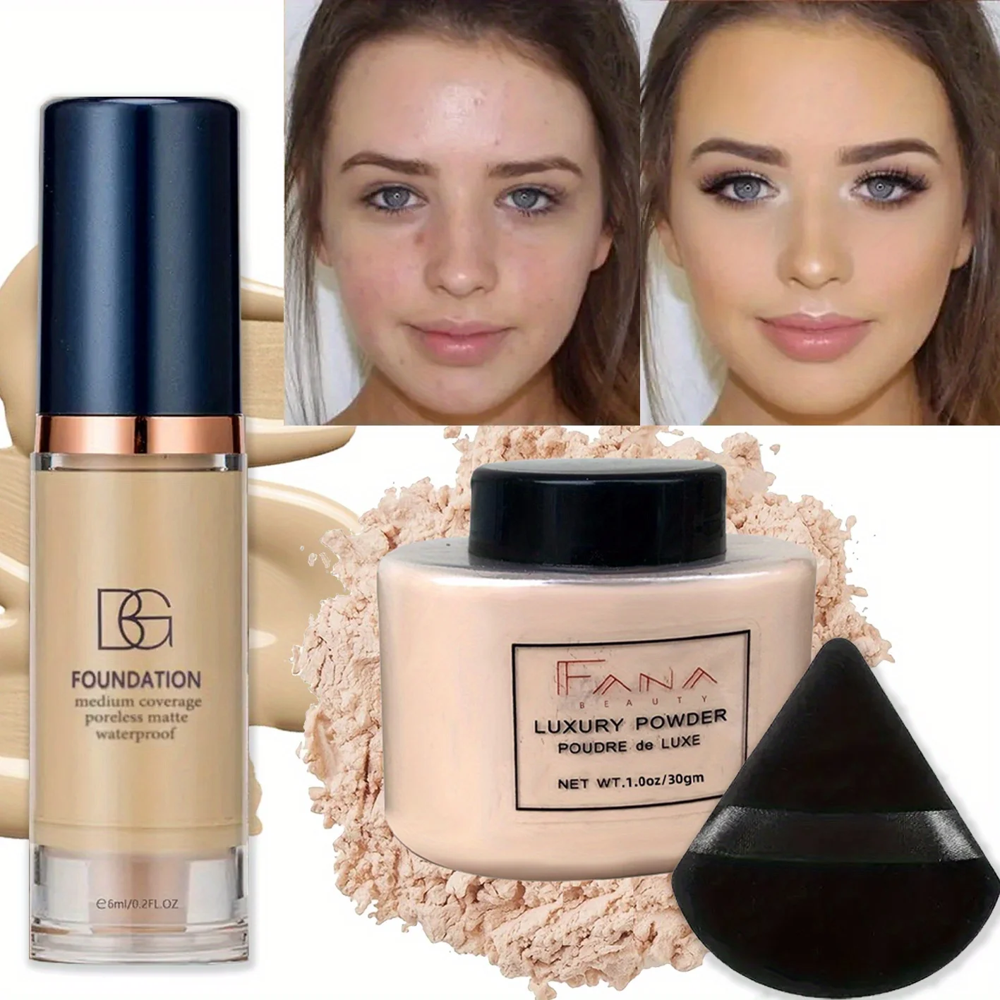 3 Pcs/Set Full Coverage Foundation with Oil-Control Powder and Puff - Waterproof Travel Set Easily Creating Everyday Looks
