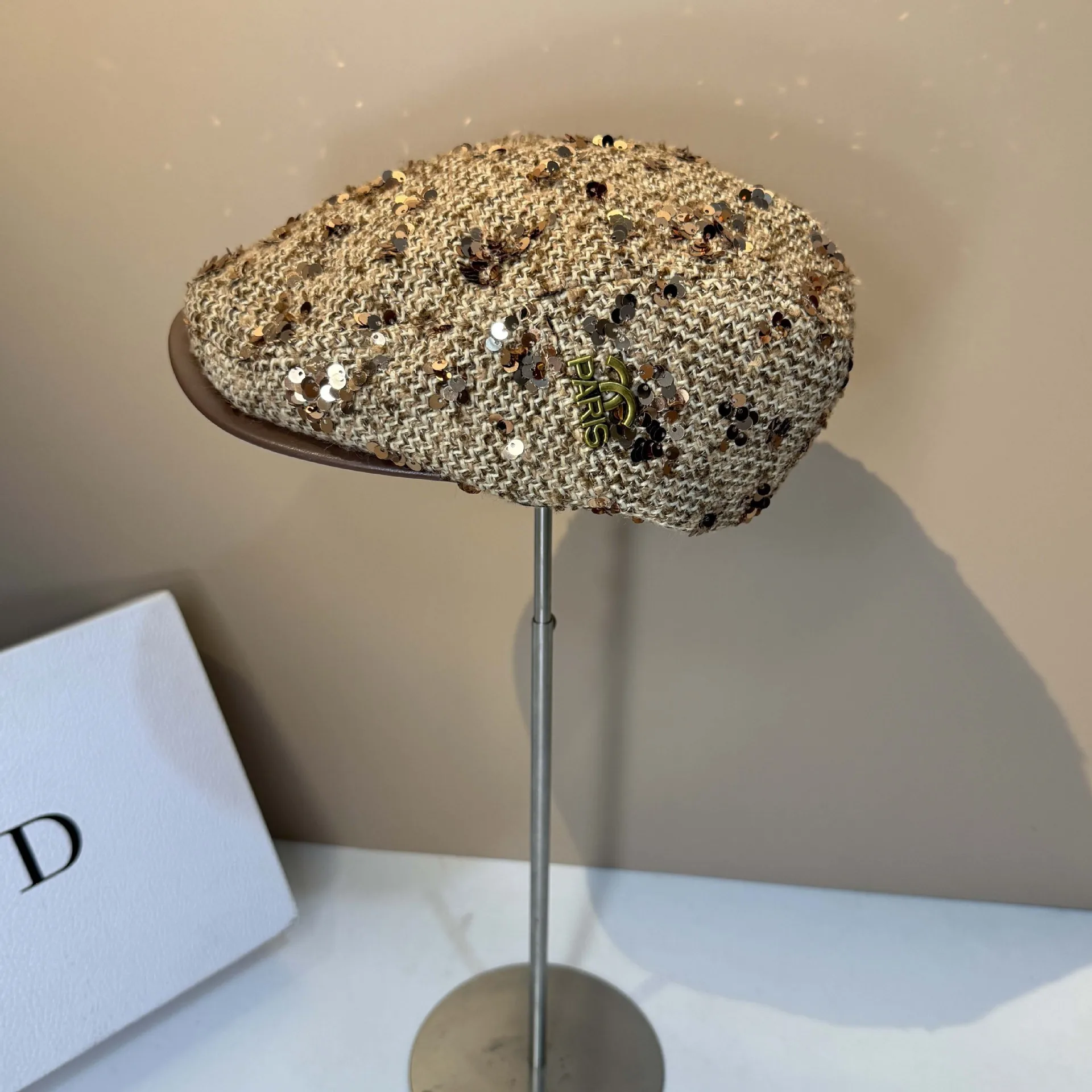 

Блестящий твидовый берет с кожаными полями, блестящая кепка газетчика для показа мод, мешковатая кепка художника в корейском стиле Y2K