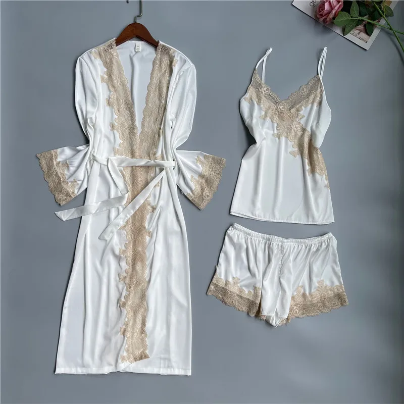 

White Lace Pajamas Sleep Set Womens Satin Kimono Robe Gown Suit With Shorts Nightgown Summer New Nightwear Home Wear