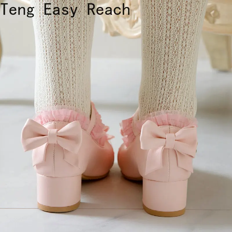 Spring 2023 Low Heels Lolita Shoes Woman Sweet Bow-tied White Pink Nude Heels OL Office Wedding Shoes Girls Large Size