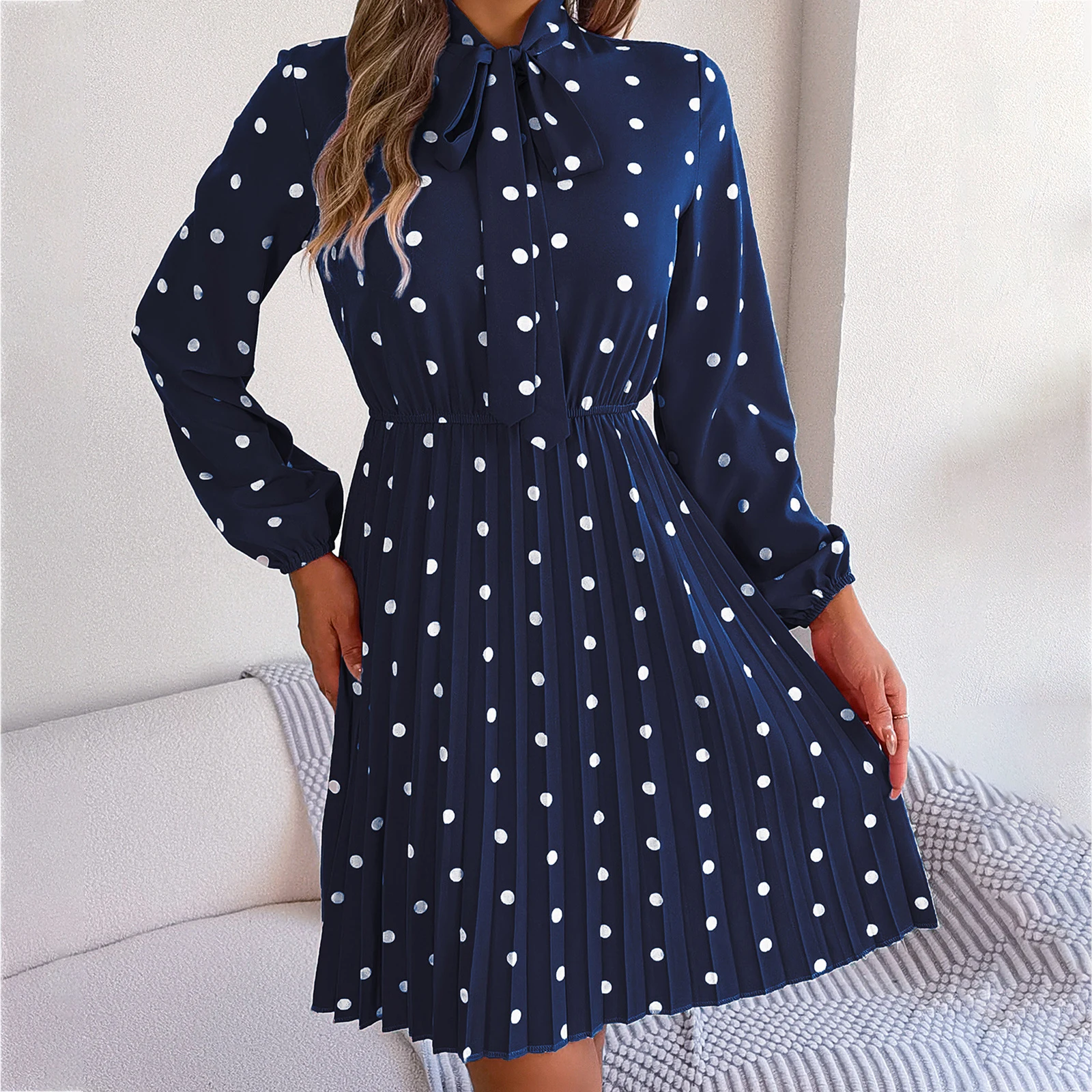 Nuove donne di moda autunno abito al ginocchio manica lunga allacciatura stampa a pois abito camicia in vita smock vendita calda S-XL