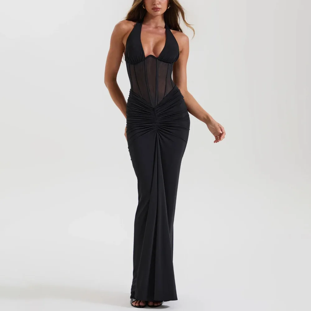 

2026 Summer New Hanging Neck Mesh Splicing Long Dress Elegant Hip Wrapping Dress