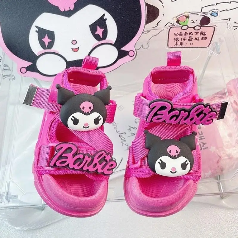 Anime Kawaii Sanrios Kuromi Summer Hollow Cartoon Velcro Kids Baotou Girls Sandals Soft Bottom Students Casual Beach Shoes Gift