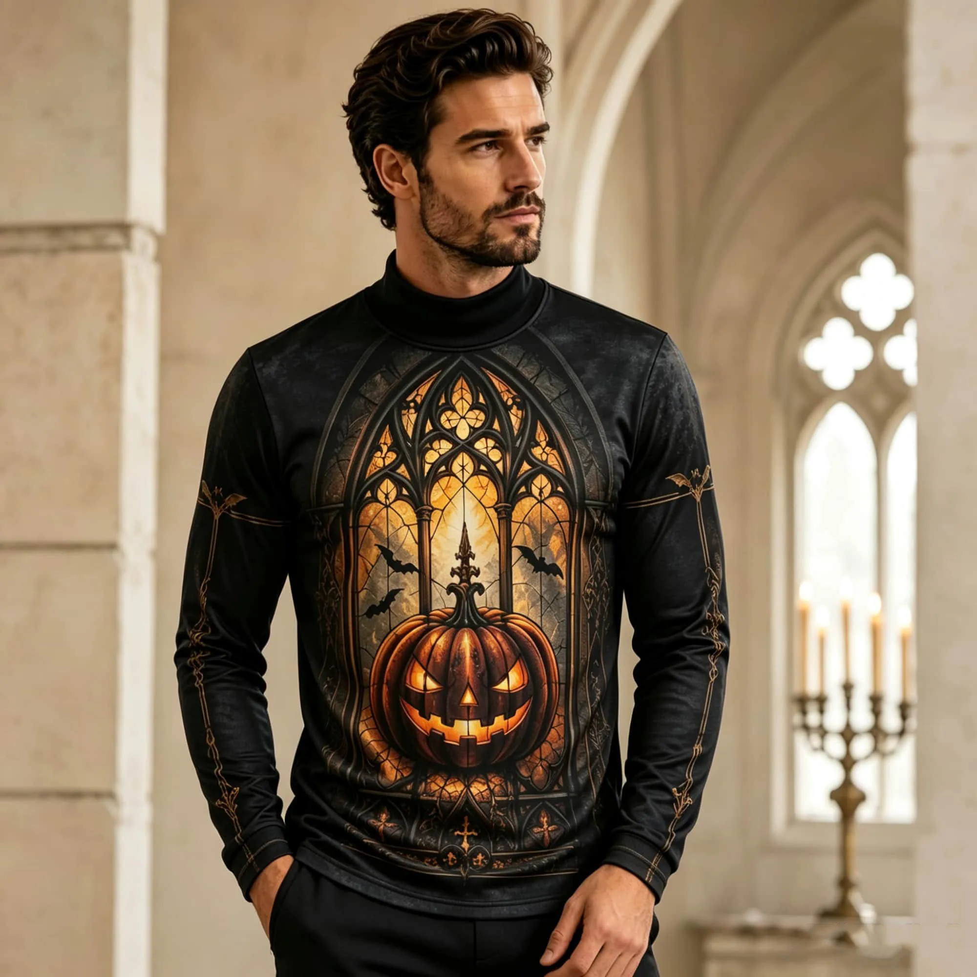 Gothic Stained Glass Pumpkin Bat Print Mock Neck Long Sleeve T Shirt Men Black Halloween Casual Tee