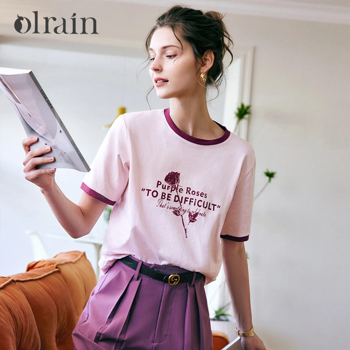 

OLrain Футболка с коротким рукавом и французским принтом, женская футболка из чистого хлопка, летний вязаный топ 2025 г., женская футболка с круглым вырезом и графическим рисунком O22XT61133