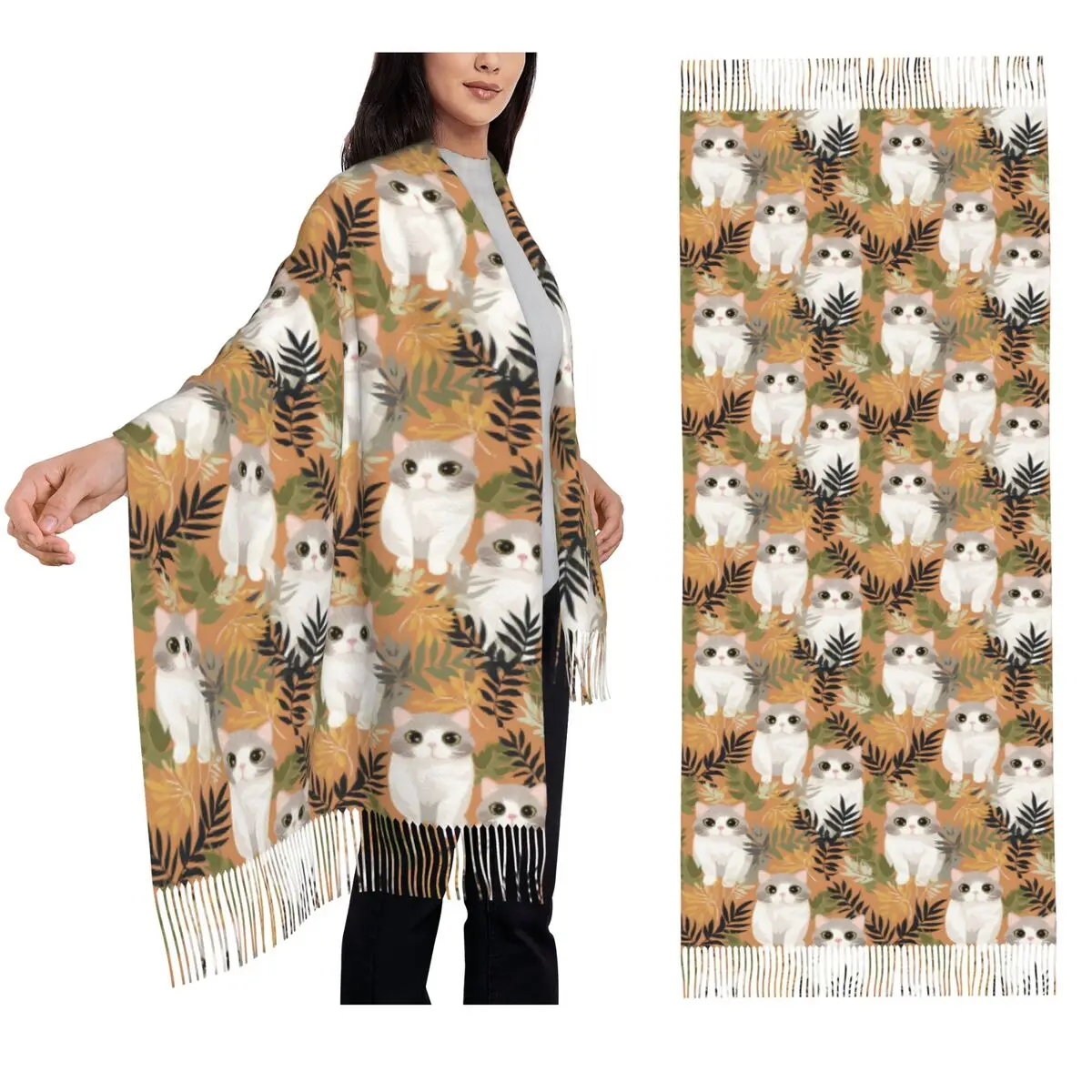 

Серый имбирь и сиамские котята, шарф с кисточками, женские мягкие теплые шали и накидки, большая осенне-зимняя шаль