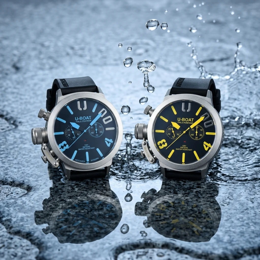 U-BOAT Men's Quartz Chronograph Watch 44mm Stainless Steel Case Silicone Band 1001M Waterproof