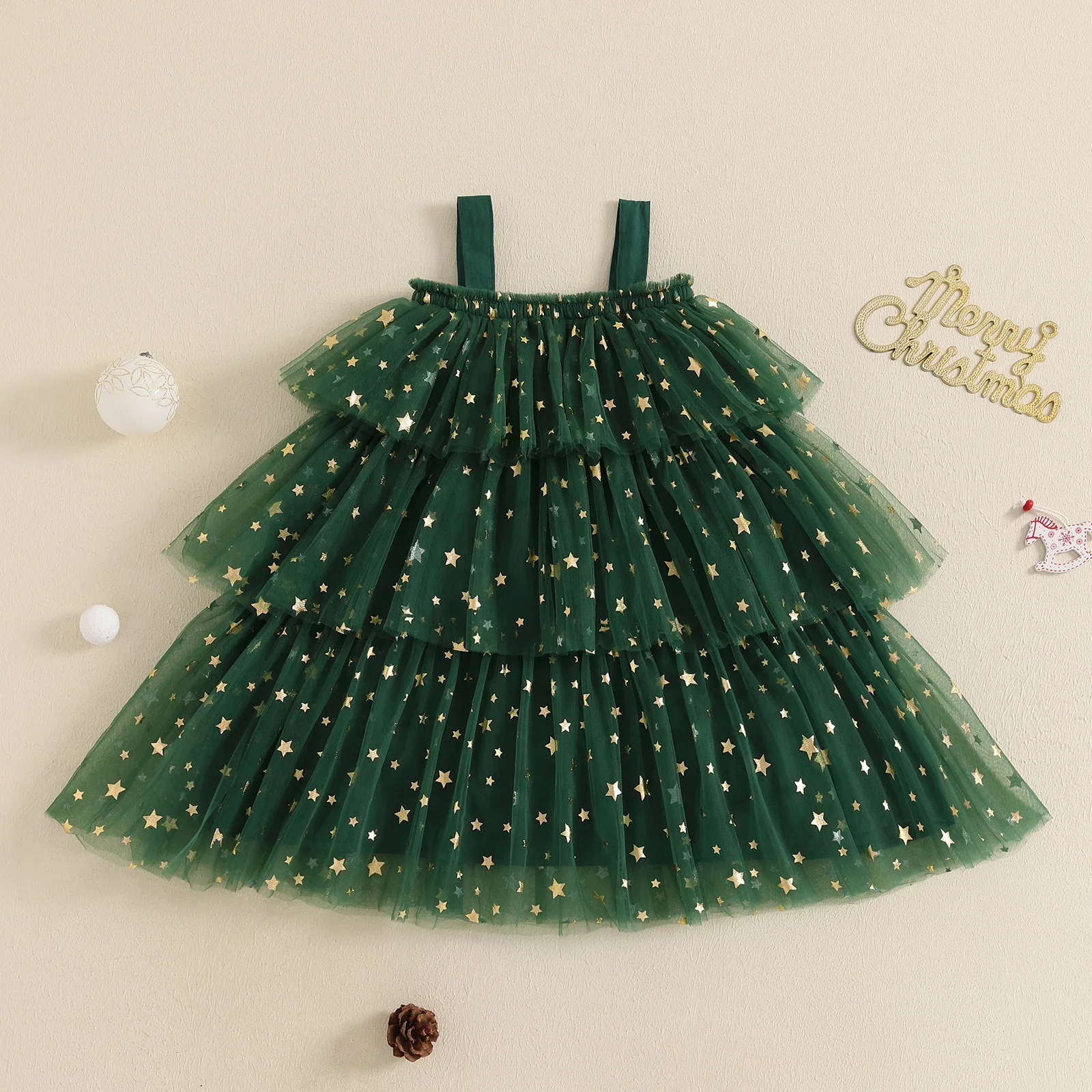 Kids Girls Christmas Dress Strap Sleeveless Star Print Lace Layered Tulle Sundress with Plush Ball Hat