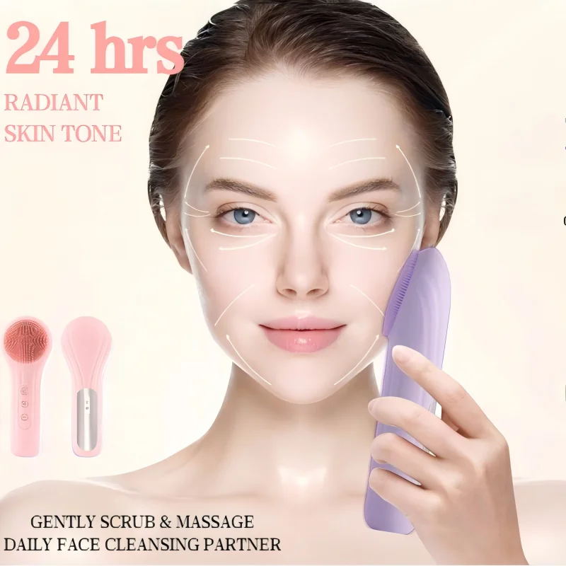 Siliconen gezichtsreinigingsborstel Roze Waterdichte oplaadbare trillingsverwarming Diep schone gezichtsreiniger Gezichtsreinigingsborstel