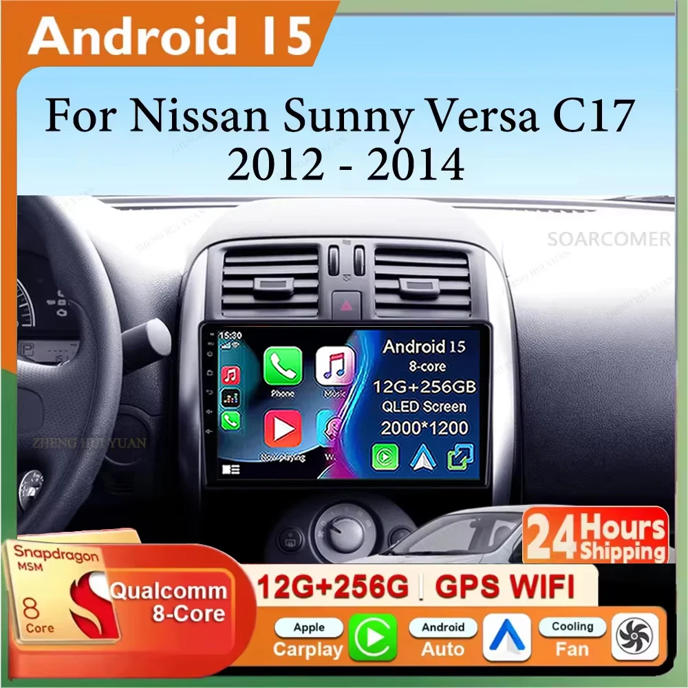Radio para Auto con Android 15, Carplay y Auto, Navegación, Reproductor Multimedia Estéreo, BT, QLED, GPS, WIFI, 4G, para Nissan Sunny Versa C17 2012-2015