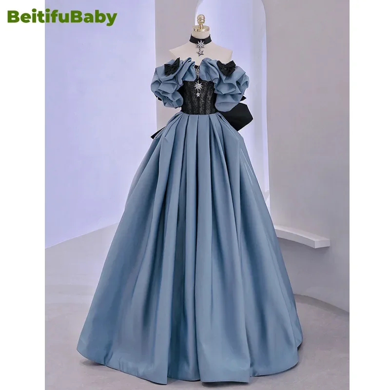 BeitifuBaby Women\'s Palace Style Evening Dress Off The Shoulder Slimming Lace Bow Banquet Ball Gown Formal Dress Women Vestidos