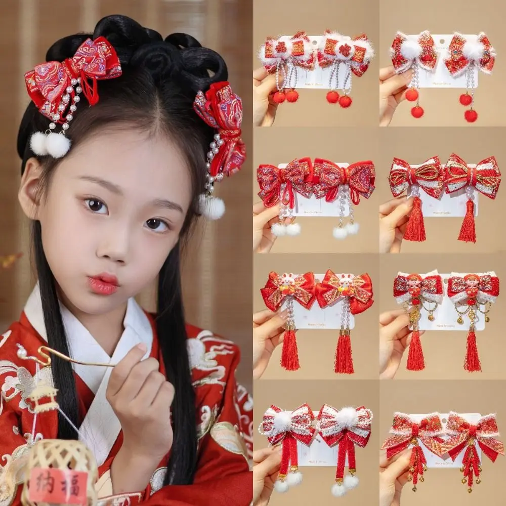 Tassel Children Red Bow Hairpin Plush Fan Hanfu Hair Sticks Girl Hair Accessories Tang Suit Hair Clip Chinese New Year Headwear